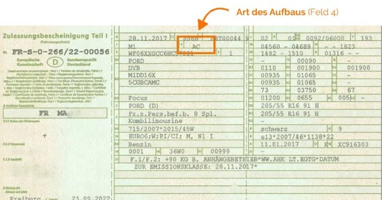 Fahrzeugschein Feld 4 Art des Aufbaus im Fahrzeugschein